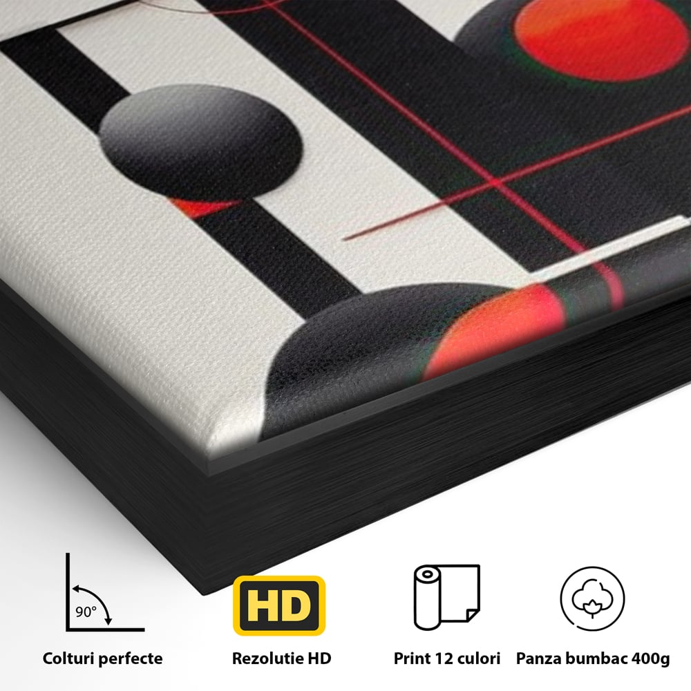 Detaliu al suprafetei: tablou canvas cu forme geometrice abstracte, in rama de aluminiu negru
